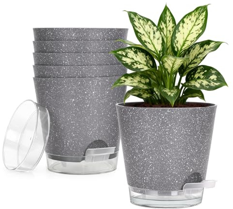 KINGLAKE Lot de 6 pots de fleurs d'intérieur en plastique avec soucoupes transparentes et trous de drainage, décoration moderne pour maison, balcon, extérieur et jardin (gris avec mouchets)