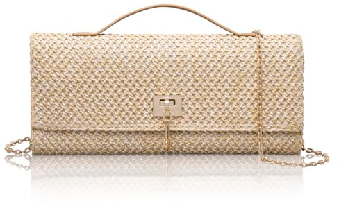 Larcenciel Pochettes et Clutches Femme en Paille, Sac Paille Beige avec Chaîne, Sac à Main de Plage Bohèmes Tissées pour Party