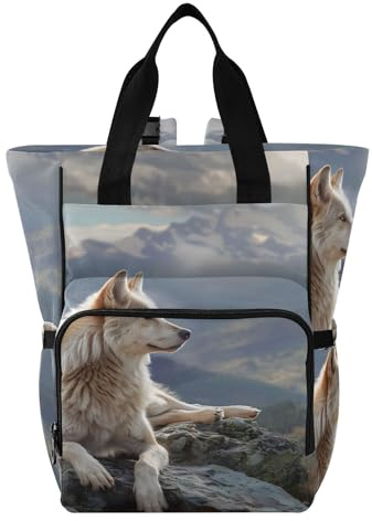 Mnsruu Sac à dos à langer pour bébé Le loup allongé sur la montagne, grand sac étanche pour les mamans et les papas