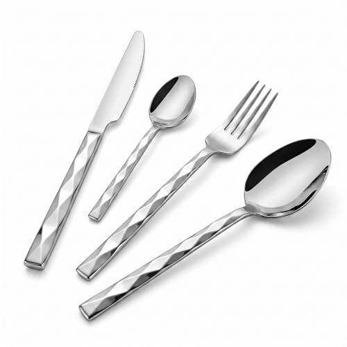 Tieplis 16 Piece Cutlery Set, Food-Grade Stainless Steel Flatware Set for 4, Modern Design with Ergonomics Rhombic Faceted Handle, Mirror Polished & Dishwasher Safe for Home Restaurant