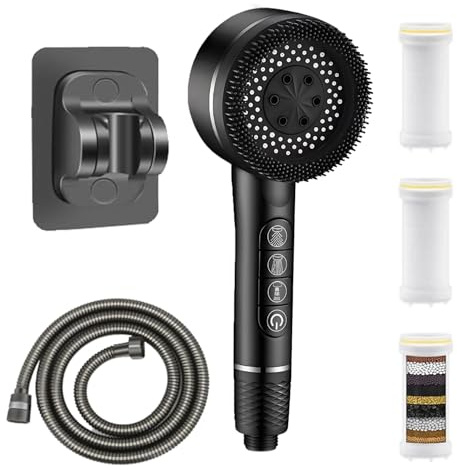 High Pressure Shower Head Set, with Hose & 3 Filters, Black Shower Head High Pressure with 4 Spray Modes, Filtered Shower Head for Hard Water, Power Shower Head for Bathroom Fixtures UK Home