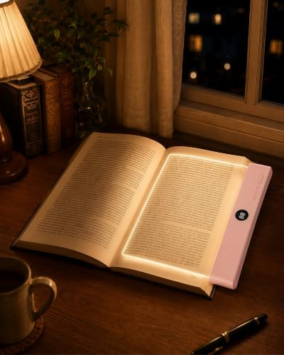 Acual Flat Book Light, Reading Light for Books in Bed | Eye-Caring LED Reading Lamp, LED Reading Book Night Light with 3 Colors , Page Lights for Bed & Car, Pink