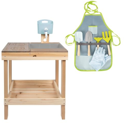 small foot Juego de cocina de barro para niños con juego de agua y juego de jardín, color verde