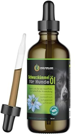 Kräuterland Schwarzkümmelöl für Hunde 100ml kaltgepresst, mit Pipette | mühlenfrisch & reich an ungesättigte Fettsäuren, ätherische Öle, Vitamine & Spurenelemente, optimal fürs Fellpflege & Barfen