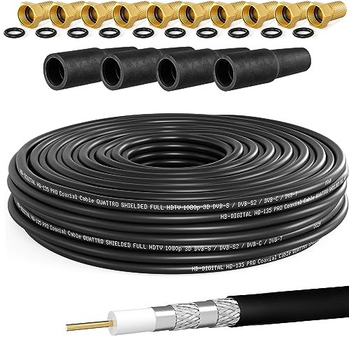 HB-DIGITAL 30m Koaxialkabel SAT HQ135 PRO inkl. 4x Gummitüllen + 10x F-Stecker vergoldet GRATIS dazu | Satellit Antennenkabel 4-Fach geschirmt | für DVB-S/S2 DVB-C/C2 DVB-T/T2 DAB+ Radio BK Anlagen