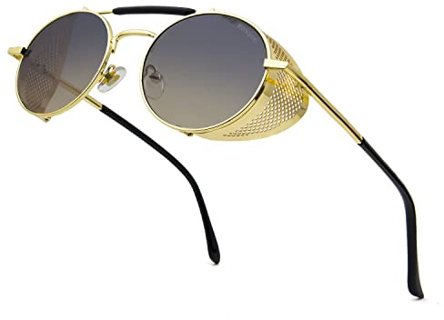 RONSOU Steampunk Round Sunglasses for Men Women, Side Shields | Retro Shades metal frame, UV400 Protection TAC Lens for party, driving, travel, festivals and daily wear