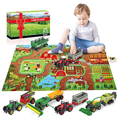 Oriate Bauernhof Traktor Spielset 34 teiliges Druckgussmodell Fahrzeugwagen LKW, Große 12CM -Spielzeug, Enthalten 120x80CM Kinder Bodenmatte, tolles Geburtstagsgeschenk für Jungs Mädchen
