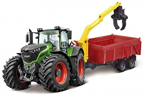 Bburago Fendt 1000 Vario Traktor mit Kombi-Anhänger, Spielzeugfahrzeug für Kinder, Landwirtschaft, Batteriebetrieben, Push, 100 mm, 2 Count, Unisex