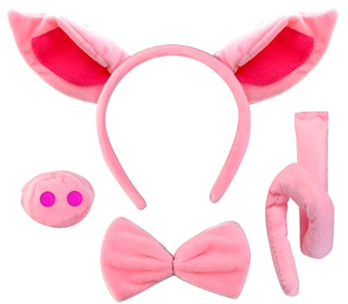 baotongle Schwein Kostüm Set Ohren Schwanz und Fliege Set, Rosa Tier Schwein Schweineohr Stirnband, Faux Schweineschnauze, Schwein zusammengerollter Schwanz, Fliege Halloween Cosplay Party Dekoration