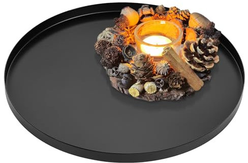 Bandejas Decorativas Platos Negros Bandeja Redonda Metal de Acero Inoxidable para Organizador Joyería Velas Pizza (Negro, Ø 32 cm)