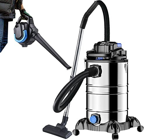 DMS Industriestaubsauger mit 2000 Watt | Nasssauger | Trockensauger | Laubsauger | Laubbläser | Edelstahl | Blasfunktion | beutellos | 30 Liter Fassungsvermögen (Blau)