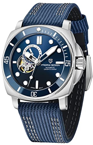 Pagani Design 1736 Herren Skelett Automatikuhren Japan NH39 Uhrwerk Nylonband 200M Wasserdicht Uhr für Männer Mode Sport, blau, Armband