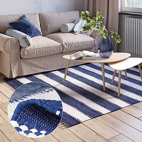 MY-RUG Fleckerlteppich 80x150 cm - Flickenteppich Blau Weiß Handgewebt | Wendeteppich aus recycelter Baumwolle, moderner Chindi Kelim Webteppich für Wohnzimmer und Schlafzimmer, Vintage Look