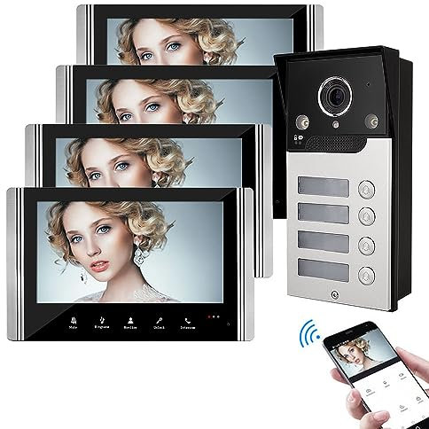 FTes RFKits Videocitofono WLAN senza fili, 1080P per esterni, 7 pollici, sensore wireless PIR, visione notturna, controllo app Tuya (4 Casa di Famiglia)