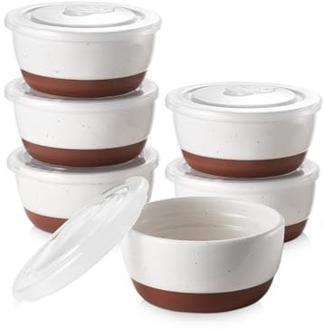 DOWAN Moldes para Soufflé con Tapas, 6 X 180ml Baking Moldes de Porcelana para Hornear Crema Catalana y Tartas, Cuencos de Postre, Apto para Horno y Freidora de Aire, Ø 10cm-Esmalte Moteada