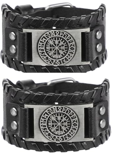 Qchomee 2Pcs Viking Bracelet Bangle Men Leather Vegvisir Campass Novelty Cuff Bangle Adjustable Runes Wrist Bracelets Vintage Wristband Jewelry Halloween Cosplay Costume Accessories