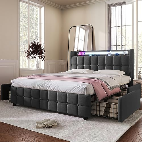 Merax Polsterbett 180x200 cm mit LED-Beleuchtung und Aufladen USB, Doppelbett Bettgestell mit Lattenrost und Stauraum Kopfteil, Bett mit 4 Schubladen, Leinenmaterial, Jugendbett, ohne Matratze, Grau