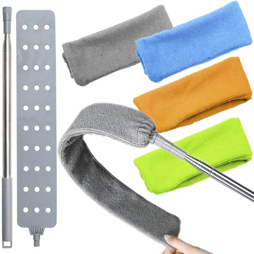Retractable Gap Dust Cleaner Brush with 4 pcs Replacement Duster Cloth, 100 inches Extendable Pole, Flexible Microfiber Duster for Cleaning Under Refrigerator, Sofa,Couch Bed, Furniture