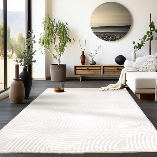 HomebyHome Kurzflor Teppich Wohnzimmer Creme 3D Skandinavisches Stil Modern Groß 280 x 370 cm - Boho Schlafzimmer Küchenteppich Waschbar Boho Muster Weicher Wohnzimmerteppich