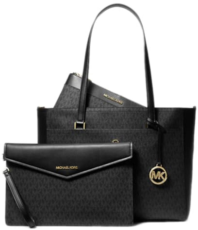 Michael Kors Maisie Damen 3-in-1 Bündel, große Tragetasche mit Reißverschluss oben, Crossbody-Tasche mit Handgelenk, MK Signature, Schwarz, Large