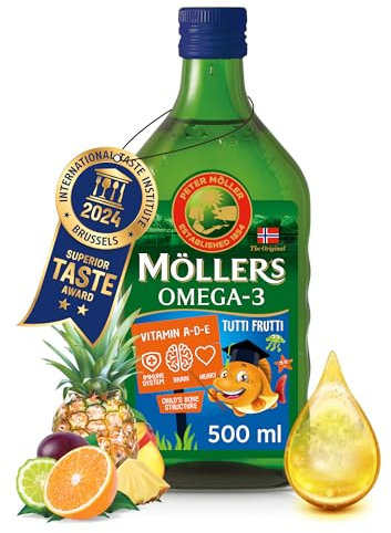 Moller’s ® | Omega 3 for kids Cod Liver Oil | Nordic Omega-3 Dietary Supplements with EPA, DHA, Vitamin A, D & E | Pure, Natural cod Liver Oil Liquid | 166-year-old-brand | Tutti Frutti Taste | 500 ml
