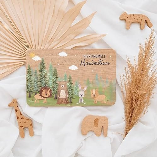 wunderwunsch - Personalisiertes Holzbrett mit Hochwertigem Spezial-Druck für Kinder - Personalisiertes Frühstücksbrettchen - Niedliche Motiv-Brettchen mit Namen (Tiere Nadelwald)