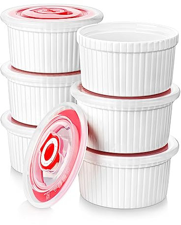 MALACASA Ramequines de porcelana blanca con tapas de 8 onzas, juego de 6 tazas de cerámica para crema brulee, aptos para lavavajillas y horno, serie RAMEKIN
