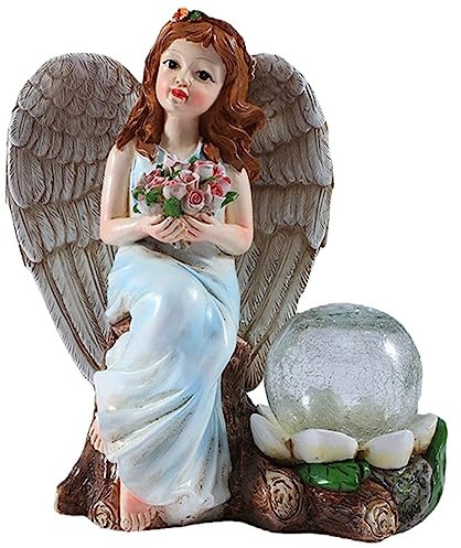 OFFSCH Statue Solaire Ange Jardin Résine Avec Globe Lumineux Décoration Extérieure Résistante Aux Intempéries Cadeau Pour Balcon Et Cour
