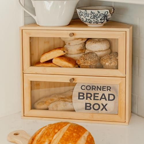 BakedBin Scatola per pane angolare per piano di lavoro della cucina, design vintage 2025, in legno di bambù, grande, a doppio strato, per pane fatto in casa, pasta madre, panera, organizer sotto