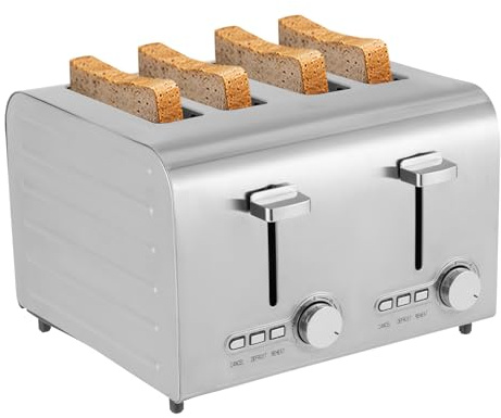 Toaster 4 Scheiben 1500W, Automatik-Langschlitztoaster, 7 Bräunungsstufen, Einstellbare Temperatur, Abbruch, Auftauen, Aufwärmen Multifunktional Toaster