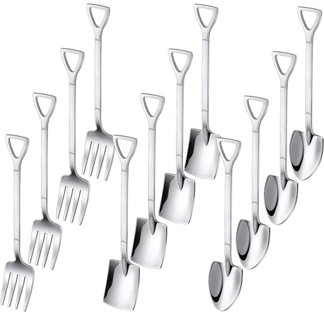 OT-NVWOZR 12 Stück Edelstahl Spatenlöffel Löffel Gabel Set, Kreativ Dessertlöffel Kaffeelöffel Eisdessertlöffel Kuchengabeln, schaufelförmiger Rührwerkzeuge Espressolöffel für Party Restaurant