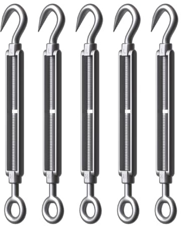 RiaYer Confezione da 5 tenditori in acciaio inox M8, tenditori resistenti per funi metalliche, kit di hardware regolabile per luci fai da te e appendere quadri, vela ombreggiante, serraggio cavi