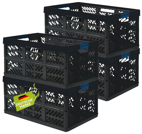 4 x robust professionell – hopfällbar låda 45 till 50 kg – hopfällbar låda, låda, korg för förvaring, transport – svart/blå