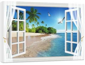 MUHJDYC Fensterblick Bild-Natur Leinwandbilder-Strand Meer palmen-Landschaftbilder auf Leinwand-3D Fenster Wandbilder Wohnzimmer Fertig zum Aufhängen 50x65cm Umwickelte Leinwand