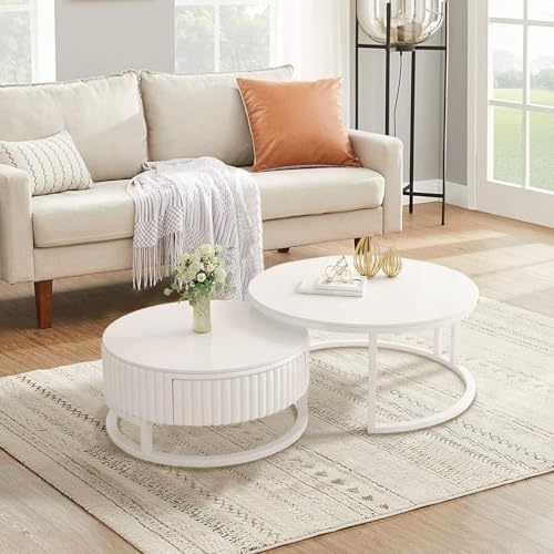 Rund Beistelltisch 2er Set Couchtisch Weiß Kaffeetisch Mit Stauraum 2 In 1 Satztische Stabilem Metallgestell 50+70cm Wohnzimmertisch Rock Slab Tischplatte Moderne Wohnzimmer Tisch Für Couch