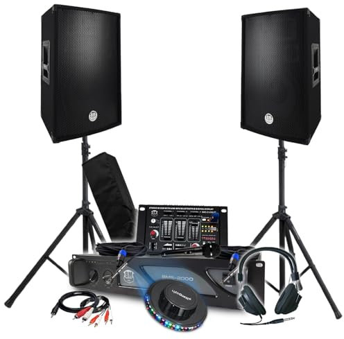 Pack Sono DJ 3200W Total Complet Ampli Enceintes, Table de Mixage, Pieds, Casque Câbles Micro, LED, Soirée Bar Salle des fêtes