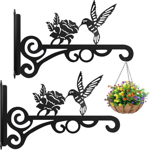 Pflanzenhaken Blumenampelhalter, 2 Stück Eisen Wandhaken,25cm Blumenampel Vogelhäuschen Wandhalter Haken zum Aufhängen von Pflanzer Vogelhäuschen Laterne Windspiele, Garten Balkon Deko (2, Schwarz)