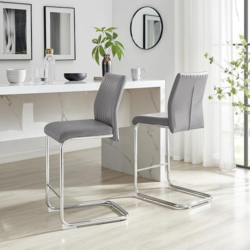 Furniturebox UK Counter Stools Set of 2 Grey Faux Leather Upholstered Silver Chairs Lorenzo Chrome Metal Legs - Cantilever Leg - Vertical Stitching - Modern Dining Kitchen Furniture