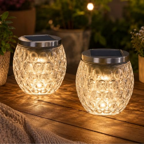 Garden Mile Solar Glass Jar Lights Set of 2 - Warm White LED Solar Lanterns with Auto On/Off Sensor, Heavy Dimpled Glass Outdoor Table Lights, Waterproof Garden Ornaments for Patio, Balcony & Pathway