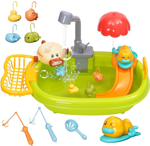 Jouet évier de Cuisine avec Eau Courante,Ensemble de Jeu de Cuisine avec Jeu de Pêche,Machine à Bulles,Canard Tournant,Jouets de Simulation et Jeux de rôle pour Garçons et Filles