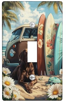 Placas de cubierta de interruptor de luz para perro de playa, cachorro marrón costero con tablas de surf, decoración de pared de verano, placas de pared termoplásticas, tamaño estándar, palanca