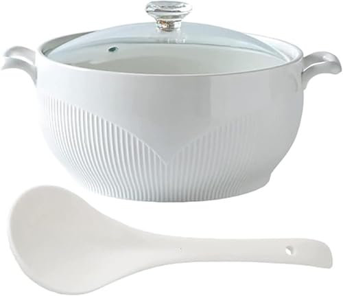 Ceramic Soup Tureen with Glass Lid ，Large Capacity Serving Tureen with Double Handles, White Porcelain Serving Tureen for Restaurant Home KitchenWhite,1.5L