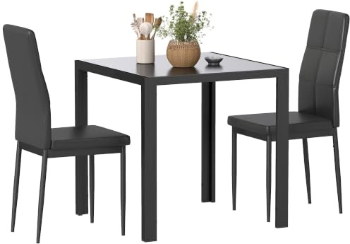 HOMCOM Essgruppe Esstisch mit 2 Stühlen Platzsparend Sitzgruppe Schwarz | Esszimmergruppe, Tischplatte aus Sicherheitsglas, Kunstleder Küchentisch-Set, für Esszimmer, Küche, Kleiner Tisch