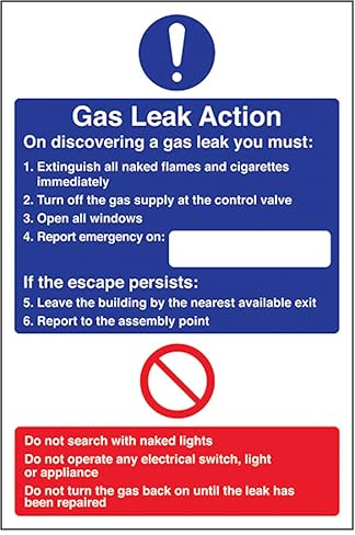 V Safety Gas Leak Action - Portrait 150 x 200mm - 2mm Rigid Plastic Safety Sign