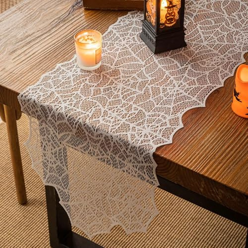 Halloween Tischläufer 33x183 cm, Halloween Deko Innen Aesthetic Spinnennetz Tischdecke Tischdeko, Spinnennetz Tischläufer für Halloween-deko Küche Tisch Dekoration Urlaub Party Deko (Weiß)