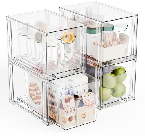 Yieach 4 Pack Large Stackable Storage Drawers,11″Deep Under Cabinet Organizer,Baby Bottle Organizer,Clear Stacking Pull Out Drawer,Acrylic Storage Containers Bins for Organizing Snack,Medicine,Makeup
