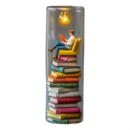 FLKWOP Leser-Nachtlicht, Miniatur-Buchliebhaber-Statue mit winzigem Buch und LED-Licht, winzige Lesefigur, Mini-Bücherregal, Bibliotheksskulptur, Geschenk für Bücherliebhaber und Dedroom