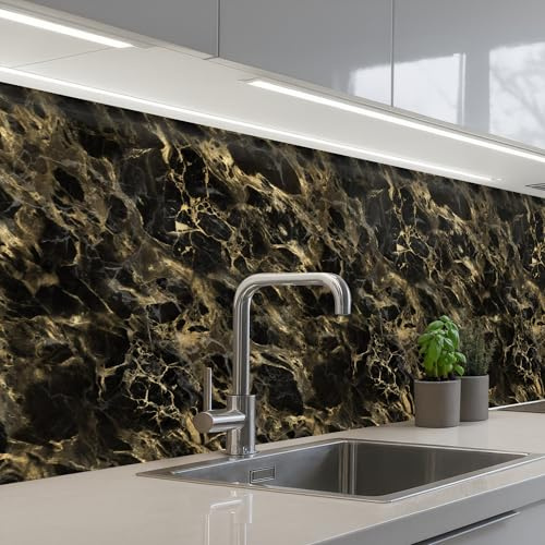 KitchenYeah© Paraschizzi Cucina Adesivo Pannello Parete per Paraspruzzi | 80x300 cm - Adesivi Muro Cristallo - Oro - Nero - Marmo