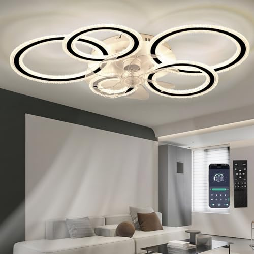 Ventilatore da Soffitto con Luce Design a Cinque Anelli in Cristallo Lampadario Ventilatore Dimmerabile Timer Silenzioso Reversibile Telecomando 6 Velocità Funzione di Memoria per Soggiorno, Nero