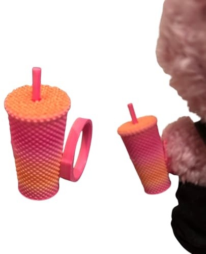 Superbe gobelet miniature avec paille pour mini poupées de 17 cm - Dégradé orange et rose - Accessoire de maison de poupée - Design décoratif également pour les jouets en peluche - Un superbe